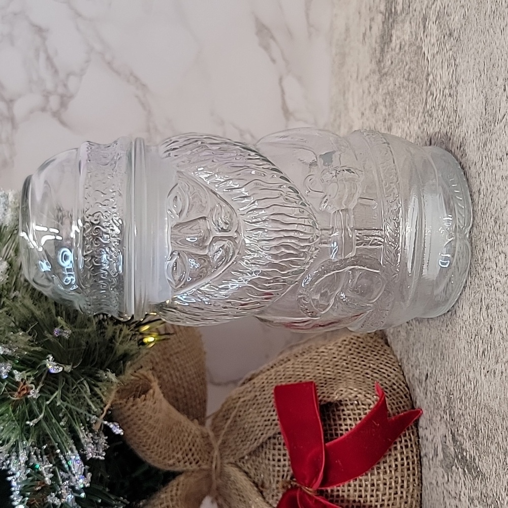 Vintage Libbey Clear Glass Christmas Santa Claus St. Nick Canister Candy Jar EUC